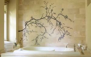 Рисунок на стене в ванной в виде ветки